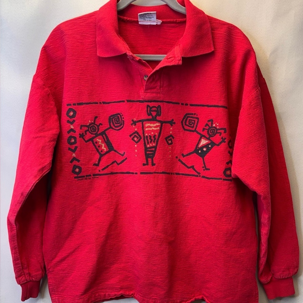 4FUN Vintage Red Long Sleeve Pullover Shirt Aztec Native American Art Red - Picture 4 of 9